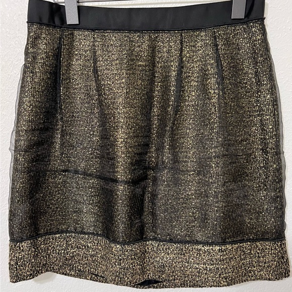 LOFT Black Gold Sheer Metallic Wool Skirt Mesh Overlay Satin Piping Gold Exposed - Picture 2 of 7